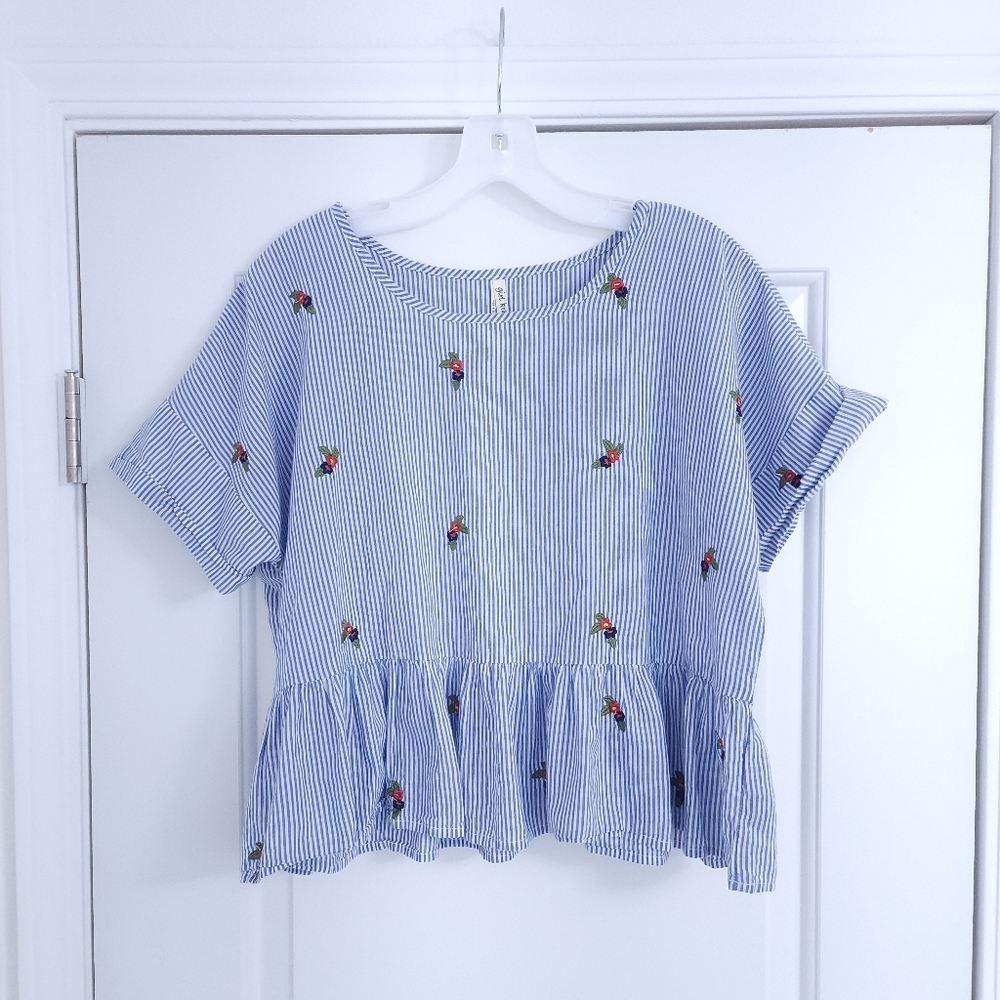 Striped Floral Blue and White Ruffle Hem Cropped Drop Shoulder Blouse